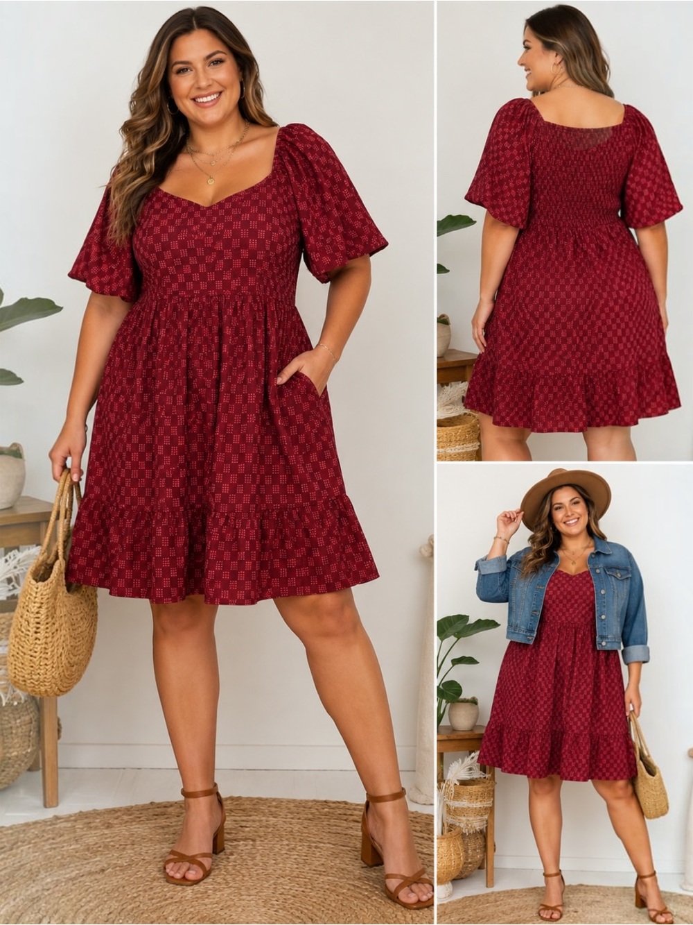 Ava & Viv X Burgundy Geometric Smocked Puff Sleeve Tiered Cotton Dress Pockets